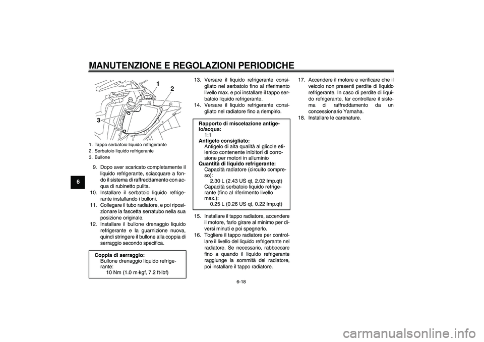YAMAHA YZF-R6 2010  Manuale duso (in Italian) MANUTENZIONE E REGOLAZIONI PERIODICHE
6-18
6
9. Dopo aver scaricato completamente il
liquido refrigerante, sciacquare a fon-
do il sistema di raffreddamento con ac-
qua di rubinetto pulita.
10. Instal