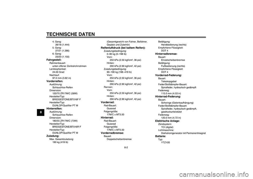 YAMAHA YZF-R6 2009  Betriebsanleitungen (in German) TECHNISCHE DATEN
8-2
8
4. Gang:
26/18 (1.444)
5. Gang:
27/21 (1.286)
6. Gang:
23/20 (1.150)
Fahrgestell:Rahmenbauart:
unten offener Zentralrohrrahmen
Lenkkopfwinkel:
24.00 Grad
Nachlauf:
97.0 mm (3.82