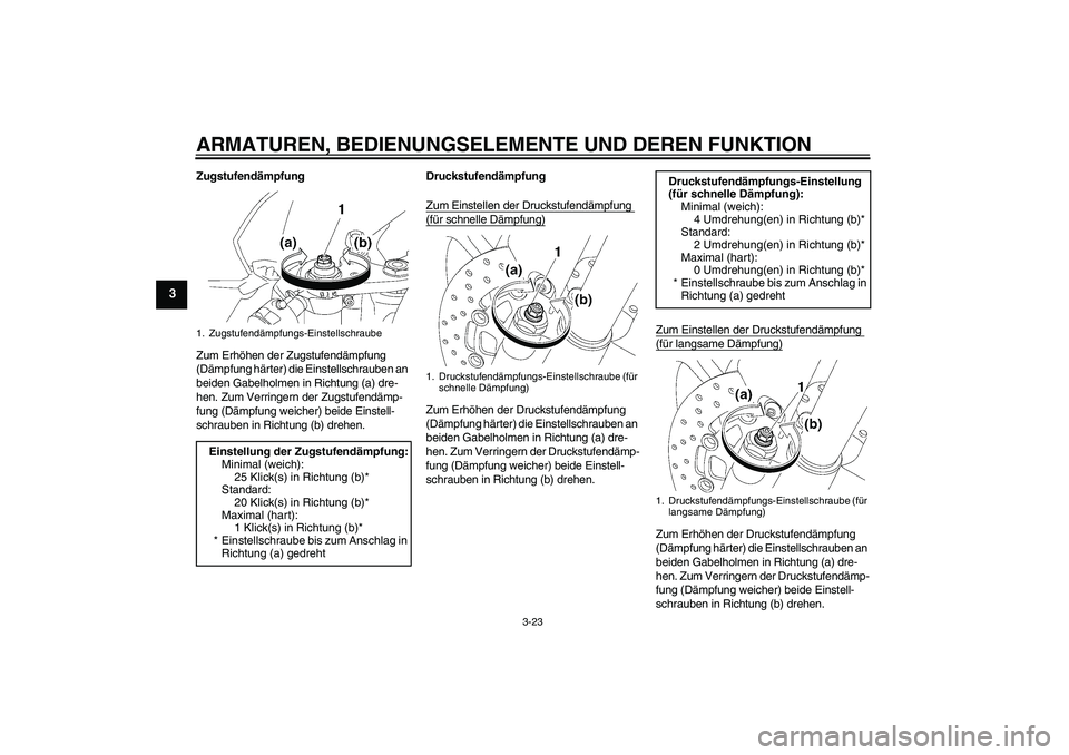 YAMAHA YZF-R6 2009 Betriebsanleitungen (in German) ARMATUREN, BEDIENUNGSELEMENTE UND DEREN FUNKTION
3-23
3
Zugstufendämpfung
Zum Erhöhen der Zugstufendämpfung
(Dämpfung härter) die Einstellschrauben an
beiden Gabelholmen in Richtung (a) dre-
he YAMAHA YZF-R6 2009 Betriebsanleitungen (in German) ARMATUREN, BEDIENUNGSELEMENTE UND DEREN FUNKTION
3-23
3
Zugstufendämpfung
Zum Erhöhen der Zugstufendämpfung
(Dämpfung härter) die Einstellschrauben an
beiden Gabelholmen in Richtung (a) dre-
he