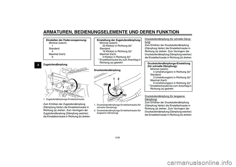 YAMAHA YZF-R6 2009 Betriebsanleitungen (in German) ARMATUREN, BEDIENUNGSELEMENTE UND DEREN FUNKTION
3-25
3
Zugstufendämpfung
Zum Erhöhen der Zugstufendämpfung
(Dämpfung härter) die Einstellschraube in
Richtung (a) drehen. Zum Verringern der
Zu YAMAHA YZF-R6 2009 Betriebsanleitungen (in German) ARMATUREN, BEDIENUNGSELEMENTE UND DEREN FUNKTION
3-25
3
Zugstufendämpfung
Zum Erhöhen der Zugstufendämpfung
(Dämpfung härter) die Einstellschraube in
Richtung (a) drehen. Zum Verringern der
Zu