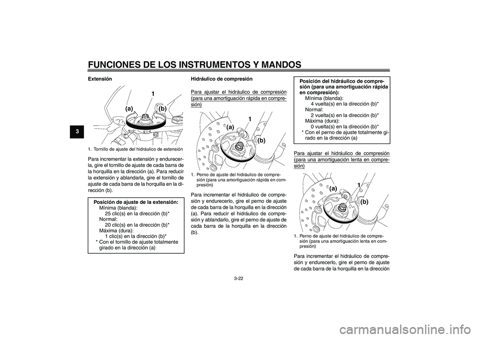YAMAHA YZF-R6 2009 Manuale de Empleo (in Spanish) FUNCIONES DE LOS INSTRUMENTOS Y MANDOS
3-22
3
Extensión
Para incrementar la extensión y endurecer-
la, gire el tornillo de ajuste de cada barra de
la horquilla en la dirección (a). Para reducir
la YAMAHA YZF-R6 2009 Manuale de Empleo (in Spanish) FUNCIONES DE LOS INSTRUMENTOS Y MANDOS
3-22
3
Extensión
Para incrementar la extensión y endurecer-
la, gire el tornillo de ajuste de cada barra de
la horquilla en la dirección (a). Para reducir
la