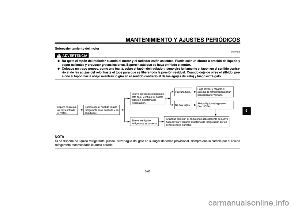YAMAHA YZF-R6 2009 Manuale de Empleo (in Spanish) MANTENIMIENTO Y AJUSTES PERIÓDICOS
6-45
6
Sobrecalentamiento del motor
ADVERTENCIA
SWAT1040
No quite el tapón del radiador cuando el motor y el radiador estén calientes. Puede salir un chorro a p YAMAHA YZF-R6 2009 Manuale de Empleo (in Spanish) MANTENIMIENTO Y AJUSTES PERIÓDICOS
6-45
6
Sobrecalentamiento del motor
ADVERTENCIA
SWAT1040
No quite el tapón del radiador cuando el motor y el radiador estén calientes. Puede salir un chorro a p