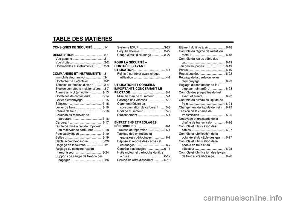 YAMAHA YZF-R6 2009 Notices Demploi (in French) TABLE DES MATIÈRESCONSIGNES DE SÉCURITÉ ............1-1
DESCRIPTION ..................................2-1
Vue gauche .....................................2-1
Vue droite ............................ YAMAHA YZF-R6 2009 Notices Demploi (in French) TABLE DES MATIÈRESCONSIGNES DE SÉCURITÉ ............1-1
DESCRIPTION ..................................2-1
Vue gauche .....................................2-1
Vue droite ............................