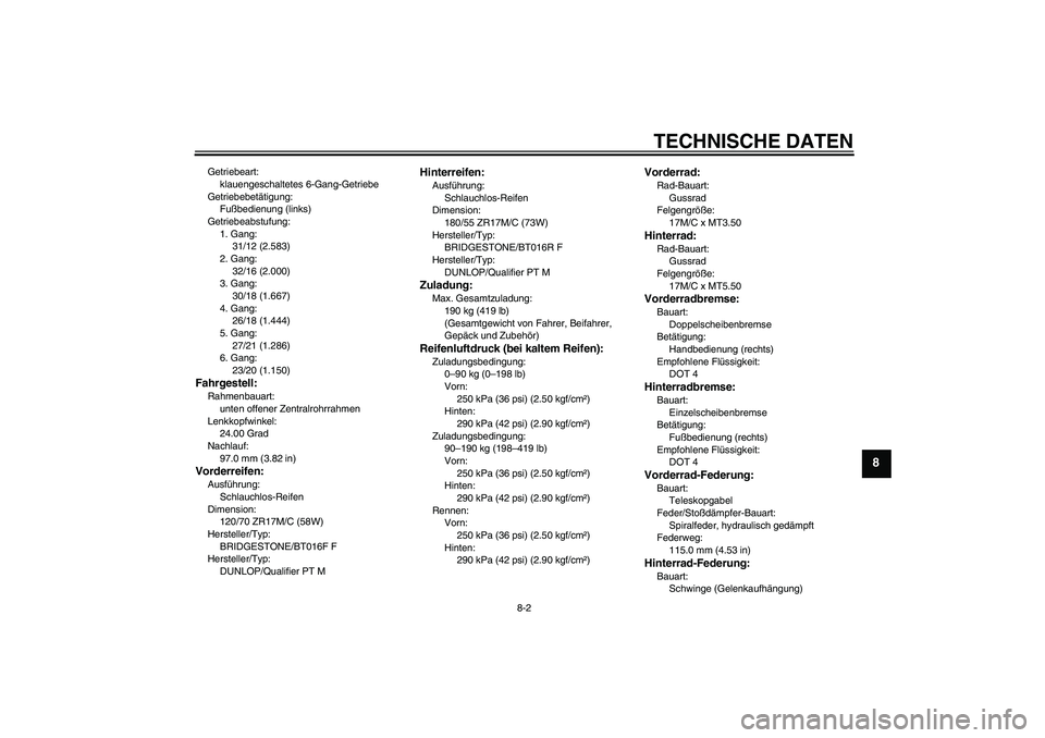 YAMAHA YZF-R6 2008  Betriebsanleitungen (in German) TECHNISCHE DATEN
8-2
8
Getriebeart:
klauengeschaltetes 6-Gang-Getriebe
Getriebebetätigung:
Fußbedienung (links)
Getriebeabstufung:
1. Gang:
31/12 (2.583)
2. Gang:
32/16 (2.000)
3. Gang:
30/18 (1.667