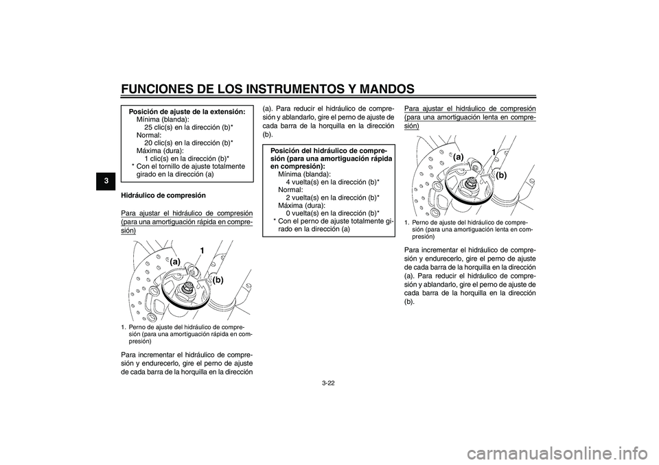 YAMAHA YZF-R6 2008 Manuale de Empleo (in Spanish) FUNCIONES DE LOS INSTRUMENTOS Y MANDOS
3-22
3
Hidráulico de compresión
Para ajustar el hidráulico de compresión(para una amortiguación rápida en compre-sión)Para incrementar el hidráulico de c YAMAHA YZF-R6 2008 Manuale de Empleo (in Spanish) FUNCIONES DE LOS INSTRUMENTOS Y MANDOS
3-22
3
Hidráulico de compresión
Para ajustar el hidráulico de compresión(para una amortiguación rápida en compre-sión)Para incrementar el hidráulico de c