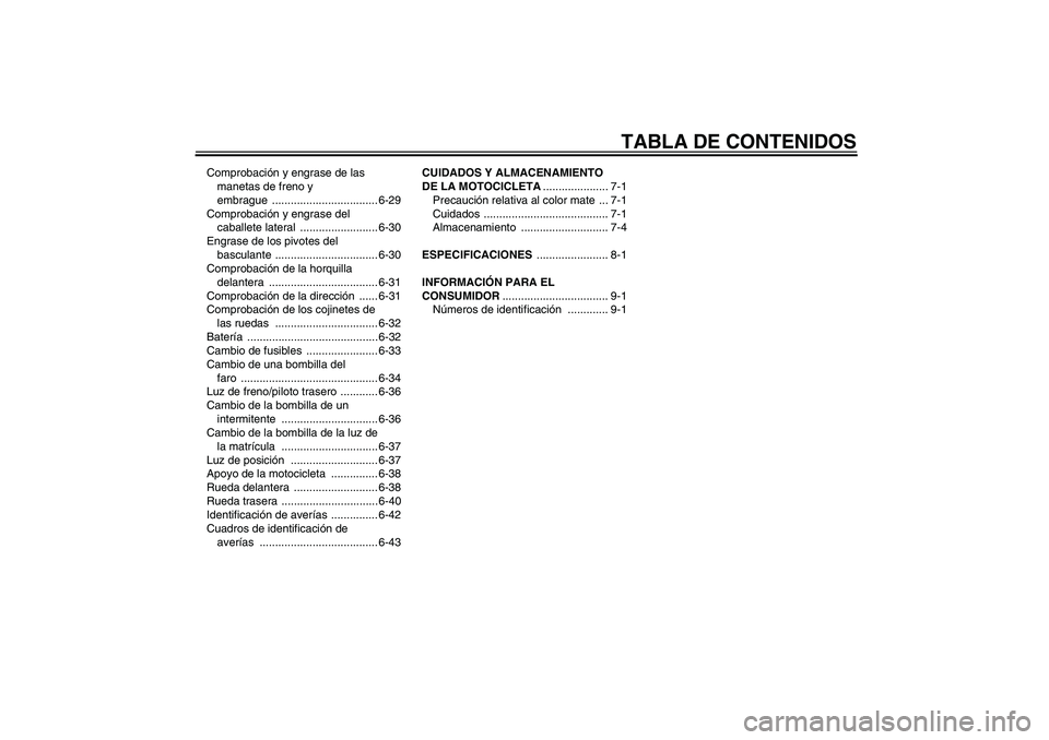 YAMAHA YZF-R6 2008 Manuale de Empleo (in Spanish) TABLA DE CONTENIDOS
Comprobación y engrase de las
manetas de freno y
embrague .................................. 6-29
Comprobación y engrase del
caballete lateral ......................... 6-30
YAMAHA YZF-R6 2008 Manuale de Empleo (in Spanish) TABLA DE CONTENIDOS
Comprobación y engrase de las
manetas de freno y
embrague .................................. 6-29
Comprobación y engrase del
caballete lateral ......................... 6-30