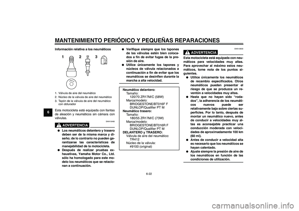 YAMAHA YZF-R6 2008 Manuale de Empleo (in Spanish) MANTENIMIENTO PERIÓDICO Y PEQUEÑAS REPARACIONES
6-22
6
Información relativa a los neumáticos
Esta motocicleta está equipada con llantas
de aleación y neumáticos sin cámara con
válvulas.
ADVER YAMAHA YZF-R6 2008 Manuale de Empleo (in Spanish) MANTENIMIENTO PERIÓDICO Y PEQUEÑAS REPARACIONES
6-22
6
Información relativa a los neumáticos
Esta motocicleta está equipada con llantas
de aleación y neumáticos sin cámara con
válvulas.
ADVER