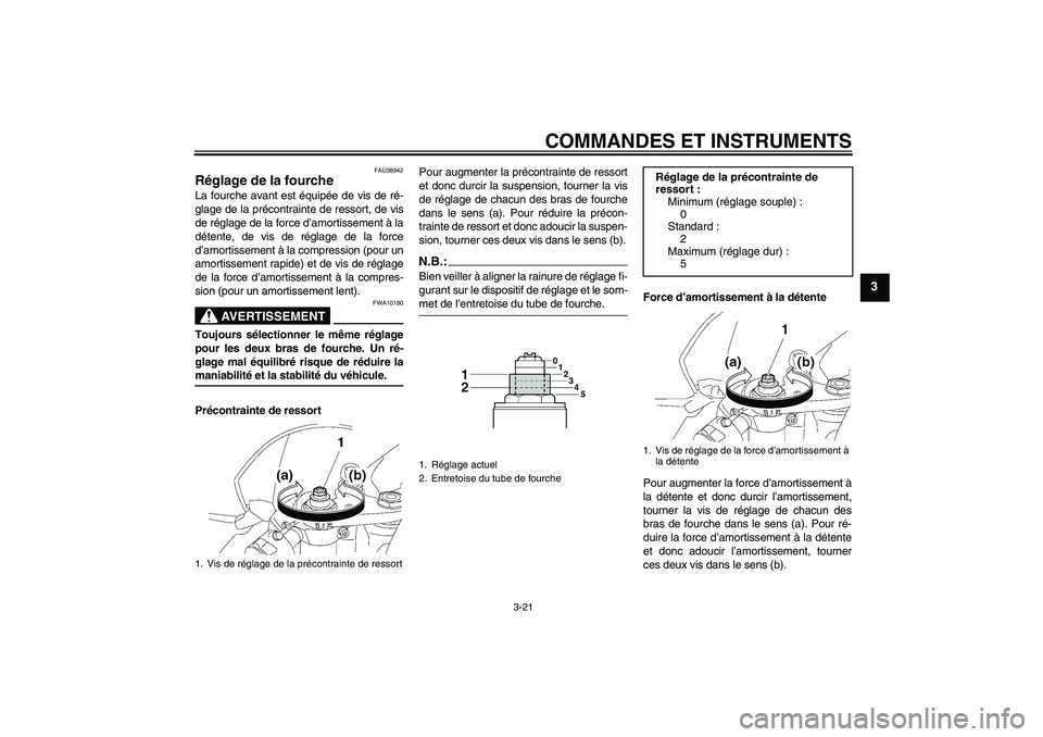 YAMAHA YZF-R6 2008  Notices Demploi (in French) COMMANDES ET INSTRUMENTS
3-21
3
FAU38942
Réglage de la fourche La fourche avant est équipée de vis de ré-
glage de la précontrainte de ressort, de vis
de réglage de la force d’amortissement à