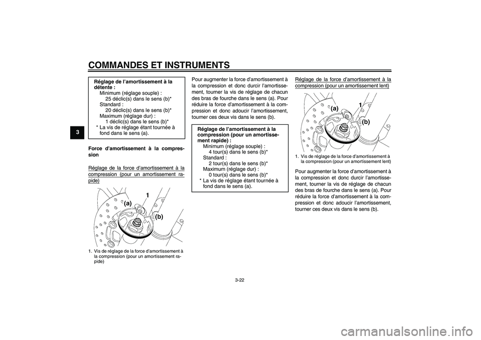 YAMAHA YZF-R6 2008  Notices Demploi (in French) COMMANDES ET INSTRUMENTS
3-22
3
Force d’amortissement à la compres-
sion
Réglage de la force d’amortissement à lacompression (pour un amortissement ra-pide)
Pour augmenter la force d’amortiss