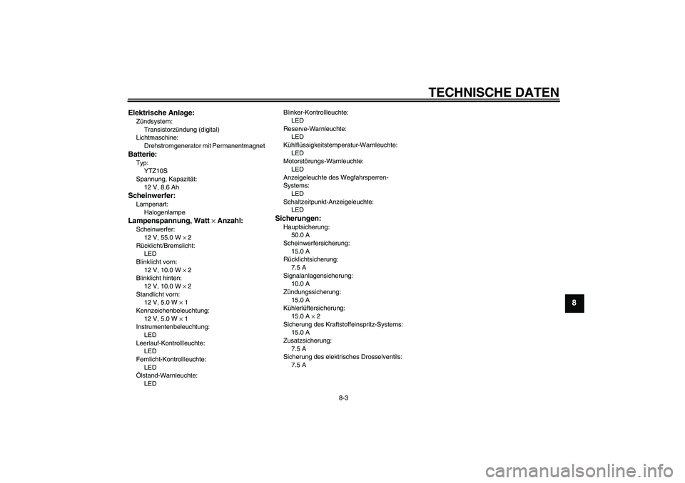 YAMAHA YZF-R6 2006  Betriebsanleitungen (in German) TECHNISCHE DATEN
8-3
8
Elektrische Anlage:Zündsystem:
Transistorzündung (digital)
Lichtmaschine:
Drehstromgenerator mit PermanentmagnetBatterie:Typ:
YTZ10S
Spannung, Kapazität:
12 V, 8.6 AhScheinwe