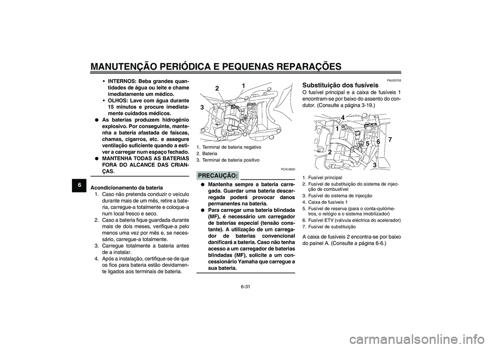 YAMAHA YZF-R6 2006 Manual de utilização (in Portuguese) MANUTENÇÃO PERIÓDICA E PEQUENAS REPARAÇÕES
6-31
6
INTERNOS: Beba grandes quan-
tidades de água ou leite e chame
imediatamente um médico.
OLHOS: Lave com água durante
15 minutos e procure ime YAMAHA YZF-R6 2006 Manual de utilização (in Portuguese) MANUTENÇÃO PERIÓDICA E PEQUENAS REPARAÇÕES
6-31
6
INTERNOS: Beba grandes quan-
tidades de água ou leite e chame
imediatamente um médico.
OLHOS: Lave com água durante
15 minutos e procure ime