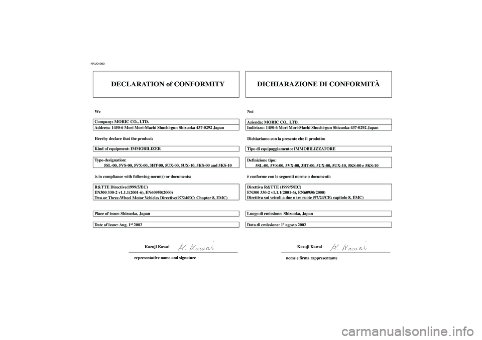 YAMAHA YZF-R6 2003 Manuale duso (in Italian) HAU04980
CM-01I
DECLARATION of CONFORMITY
We
Hereby declare that the product:
is in compliance with following norm(s) or documents: Type-designation:
5SL-00, 5VS-00, 5VX-00, 3HT-00, 5UX-00, 5 YAMAHA YZF-R6 2003 Manuale duso (in Italian) HAU04980
CM-01I
DECLARATION of CONFORMITY
We
Hereby declare that the product:
is in compliance with following norm(s) or documents: Type-designation:
5SL-00, 5VS-00, 5VX-00, 3HT-00, 5UX-00, 5