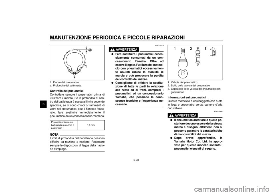 YAMAHA YZF-R6 2002  Manuale duso (in Italian) MANUTENZIONE PERIODICA E PICCOLE RIPARAZIONI
6-23
6
Controllo dei pneumatici
Controllare sempre i pneumatici prima di
utilizzare il mezzo. Se la profondità al cen-
tro del battistrada è scesa al lim