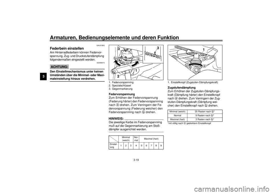 YAMAHA YZF-R6 2001 Betriebsanleitungen (in German) Armaturen, Bedienungselemente und deren Funktion
3-19
3
GAU01863
Federbein einstellen Am Hinterradfederbein können Federvor-
spannung, Zug- und Druckstufendämpfung
folgendermaßen eingestellt werde YAMAHA YZF-R6 2001 Betriebsanleitungen (in German) Armaturen, Bedienungselemente und deren Funktion
3-19
3
GAU01863
Federbein einstellen Am Hinterradfederbein können Federvor-
spannung, Zug- und Druckstufendämpfung
folgendermaßen eingestellt werde