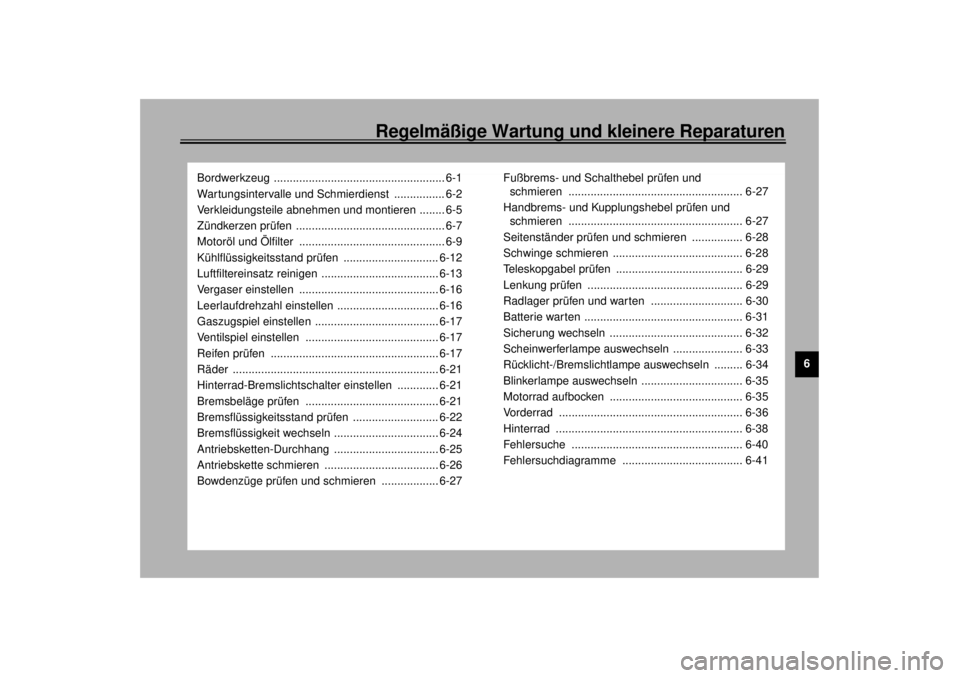 YAMAHA YZF1000 2021 Betriebsanleitungen (in German) Regelmäßige Wartung und kleinere Reparaturen
6
Bordwerkzeug ...................................................... 6-1
Wartungsintervalle und Schmierdienst ................ 6-2
Verkleidungsteile ab YAMAHA YZF1000 2021 Betriebsanleitungen (in German) Regelmäßige Wartung und kleinere Reparaturen
6
Bordwerkzeug ...................................................... 6-1
Wartungsintervalle und Schmierdienst ................ 6-2
Verkleidungsteile ab