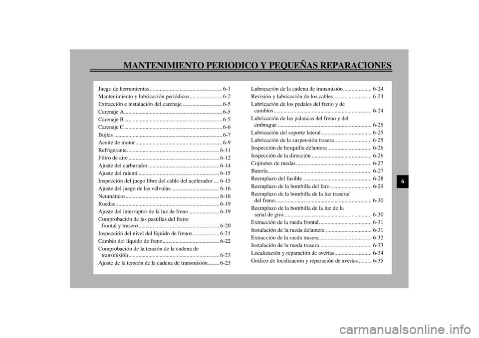 YAMAHA YZF1000 2000  Manuale de Empleo (in Spanish) MANTENIMIENTO PERIODICO Y PEQUEÑAS REPARACIONES
6
Juego de herramientas ................................................... 6-1
Mantenimiento y lubricación periódicos....................... 6-2
Ext