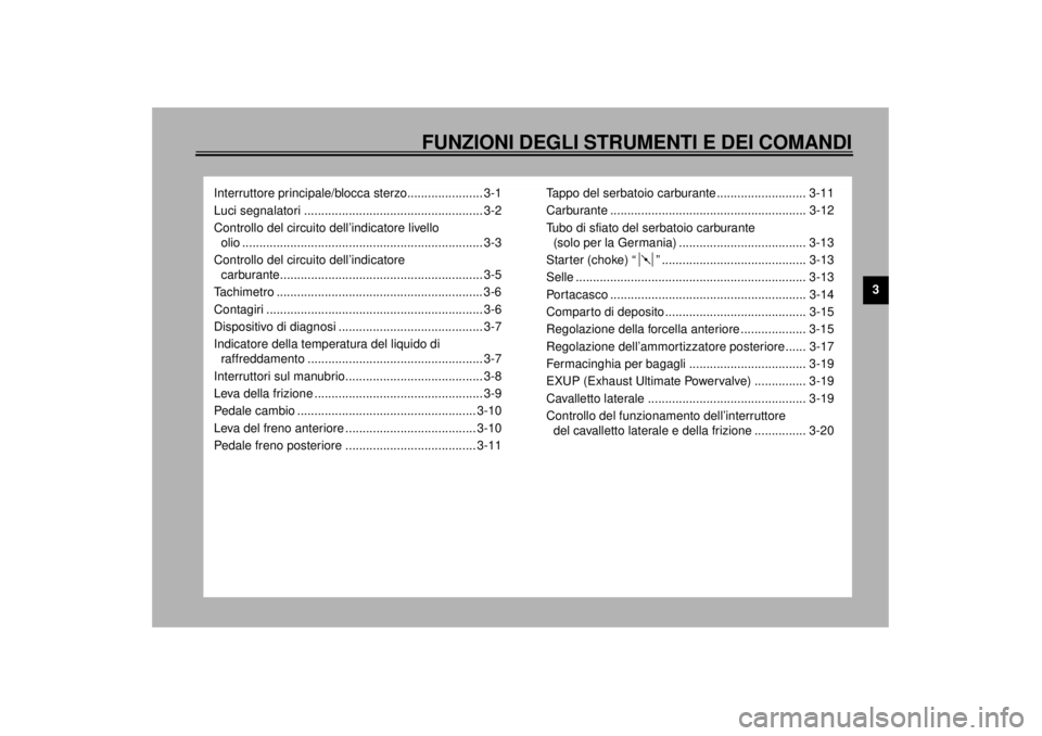 YAMAHA YZF1000 2000  Manuale duso (in Italian) FUNZIONI DEGLI STRUMENTI E DEI COMANDI
3
Interruttore principale/blocca sterzo...................... 3-1
Luci segnalatori .................................................... 3-2
Controllo del circuit