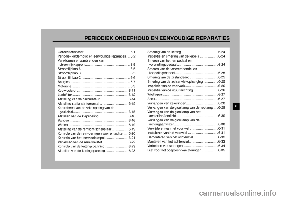 YAMAHA YZF1000 2000 Instructieboekje (in Dutch) PERIODIEK ONDERHOUD EN EENVOUDIGE REPARATIES
6
Gereedschapsset .................................................. 6-1
Periodiek onderhoud en eenvoudige reparaties .... 6-2
Verwijderen en aanbrengen va YAMAHA YZF1000 2000 Instructieboekje (in Dutch) PERIODIEK ONDERHOUD EN EENVOUDIGE REPARATIES
6
Gereedschapsset .................................................. 6-1
Periodiek onderhoud en eenvoudige reparaties .... 6-2
Verwijderen en aanbrengen va