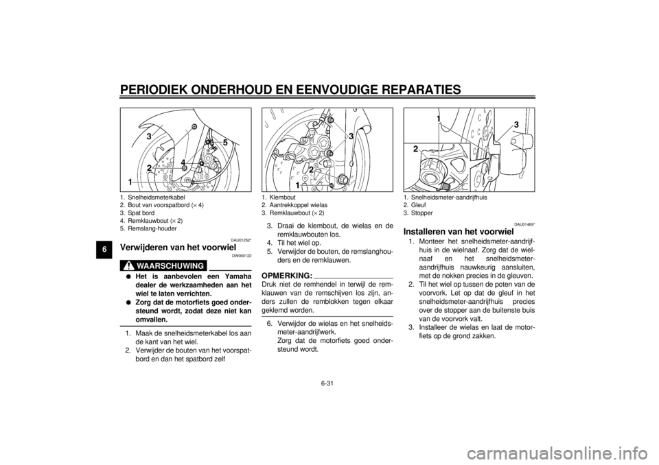 YAMAHA YZF1000 2000 Instructieboekje (in Dutch) PERIODIEK ONDERHOUD EN EENVOUDIGE REPARATIES
6-31
6
DAU01252*
Verwijderen van het voorwiel
DW000122
WAARSCHUWING
l
Het is aanbevolen een Yamaha
dealer de werkzaamheden aan het
wiel te laten verrichten YAMAHA YZF1000 2000 Instructieboekje (in Dutch) PERIODIEK ONDERHOUD EN EENVOUDIGE REPARATIES
6-31
6
DAU01252*
Verwijderen van het voorwiel
DW000122
WAARSCHUWING
l
Het is aanbevolen een Yamaha
dealer de werkzaamheden aan het
wiel te laten verrichten