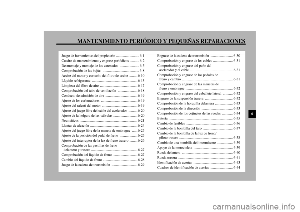 YAMAHA YZF600 2002 Manuale de Empleo (in Spanish) MANTENIMIENTO PERIÓDICO Y PEQUEÑAS REPARACIONES
6
Juego de herramientas del propietario .......................... 6-1
Cuadro de mantenimiento y engrase periódicos .......... 6-2
Desmontaje y monta YAMAHA YZF600 2002 Manuale de Empleo (in Spanish) MANTENIMIENTO PERIÓDICO Y PEQUEÑAS REPARACIONES
6
Juego de herramientas del propietario .......................... 6-1
Cuadro de mantenimiento y engrase periódicos .......... 6-2
Desmontaje y monta