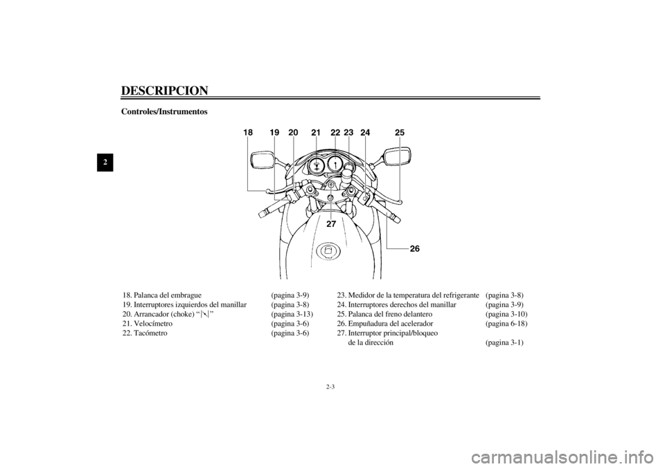 YAMAHA YZF600 2000  Manuale de Empleo (in Spanish) DESCRIPCION
2-3
2
Controles/Instrumentos18. Palanca del embrague (pagina 3-9)
19. Interruptores izquierdos del manillar (pagina 3-8)
20. Arrancador (choke) “ ” (pagina 3-13)
21. Velocímetro (pagi
