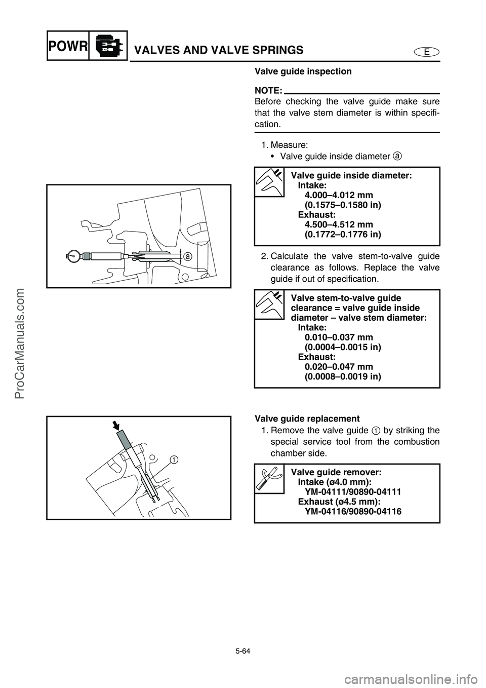 YAMAHA VX110 2005  Service Manual 5-64
EPOWRVALVES AND VALVE SPRINGS
Valve guide inspection
NOTE:
Before checking the valve guide make sure
that the valve stem diameter is within specifi-
cation.
1. Measure:
Valve guide inside diamet