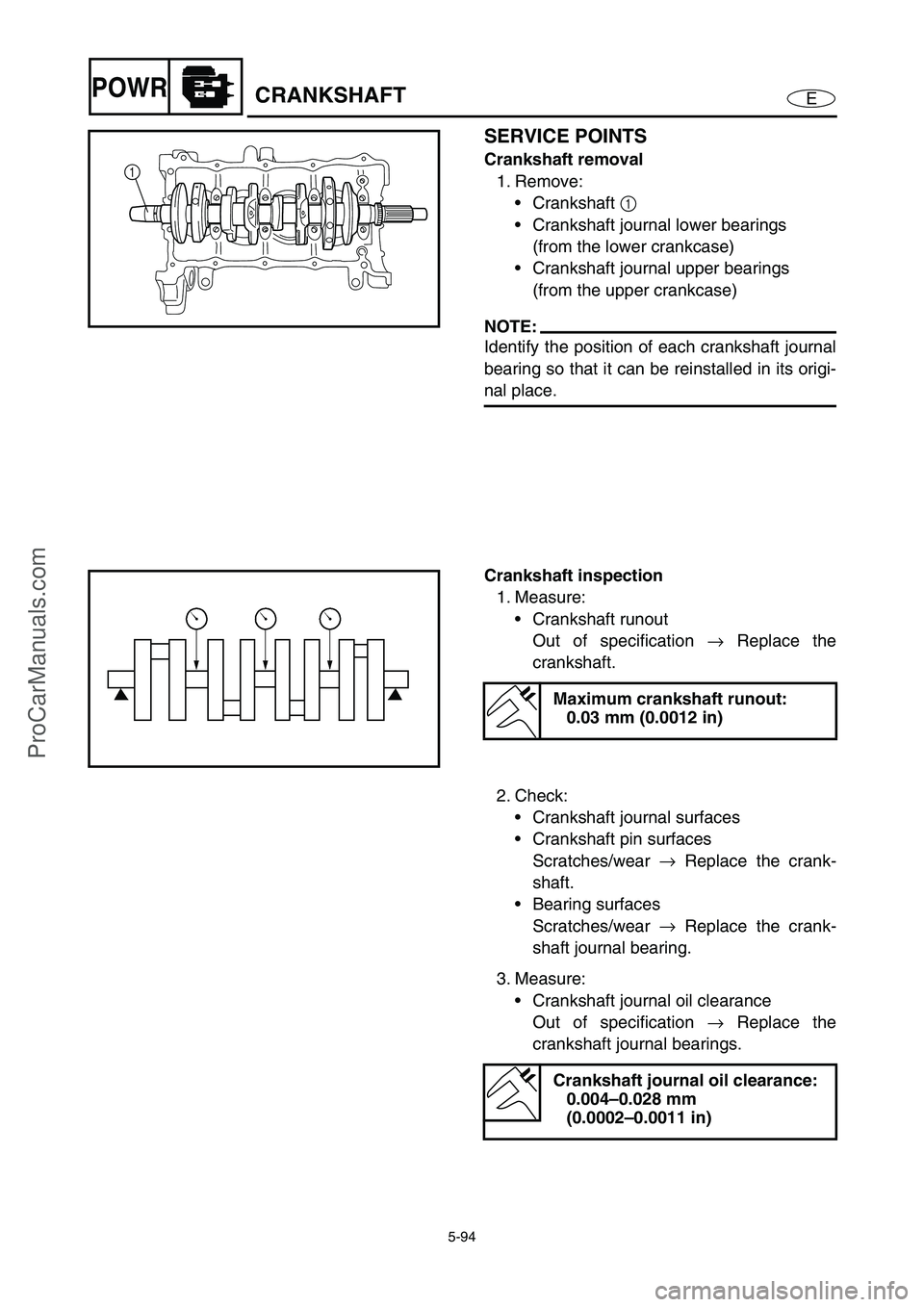YAMAHA VX110 2005  Service Manual 5-94
EPOWRCRANKSHAFT
SERVICE POINTS
Crankshaft removal
1. Remove: 
Crankshaft 1
 
Crankshaft journal lower bearings 
(from the lower crankcase)
Crankshaft journal upper bearings 
(from the upper cr
