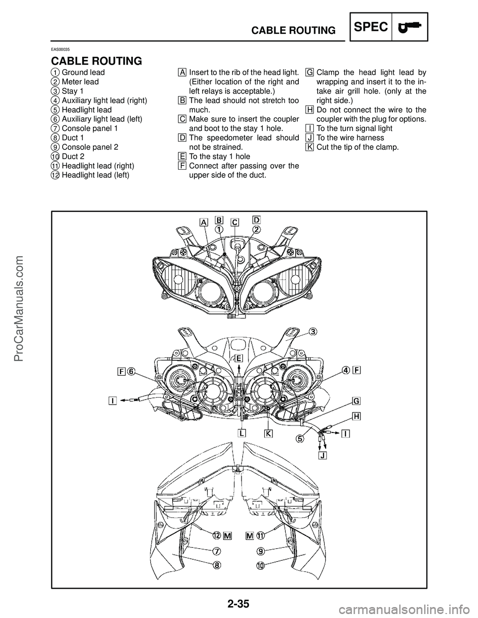 YAMAHA YZF-R1S 2004  Service Manual 2-35
CABLE ROUTINGSPEC
G Clamp the head light lead by
wrapping and insert it to the in-
take air grill hole. (only at the
right side.)
H Do not connect the wire to the
coupler with the plug for option