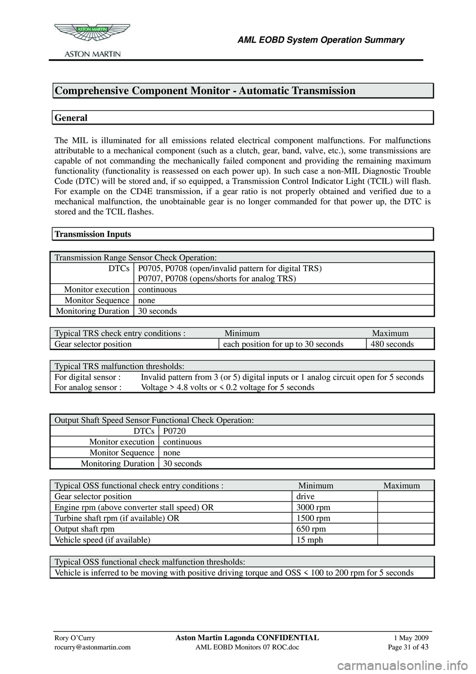 ASTON MARTIN V8 VANTAGE 2010  Workshop Manual  
     AML EOBD System Operation Summary 
 
Rory O’Curry Aston Martin Lagonda CONFIDENTIAL 1 May 2009 
rocurry@astonmartin.com AML  EOBD Monitors 07 ROC.doc  Page 31 of 43 
 
Comprehensive Component