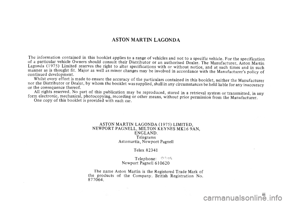 ASTON MARTIN LAGONDA 1980  Owners Guide 