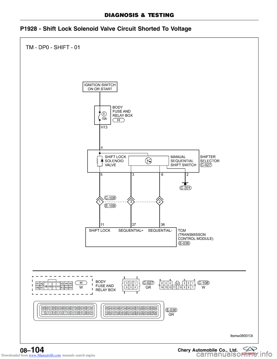 CHERY TIGGO 2009  Service Repair Manual Downloaded from www.Manualslib.com manuals search engine P1928 - Shift Lock Solenoid Valve Circuit Shorted To Voltage
DIAGNOSIS & TESTING
LTSMW080013T
08–104Chery Automobile Co., Ltd.  
