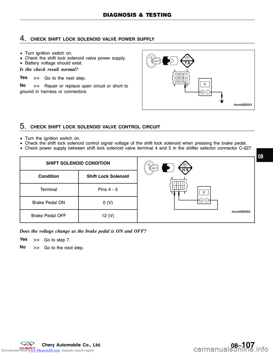 CHERY TIGGO 2009  Service Repair Manual Downloaded from www.Manualslib.com manuals search engine 4.CHECK SHIFT LOCK SOLENOID VALVE POWER SUPPLY
• Turn ignition switch on.
• Check the shift lock solenoid valve power supply.
• Battery v