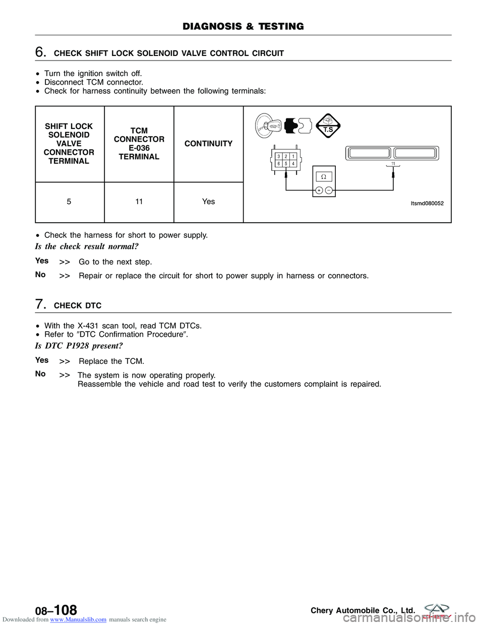 CHERY TIGGO 2009  Service Repair Manual Downloaded from www.Manualslib.com manuals search engine 6.CHECK SHIFT LOCK SOLENOID VALVE CONTROL CIRCUIT
• Turn the ignition switch off.
• Disconnect TCM connector.
• Check for harness continu