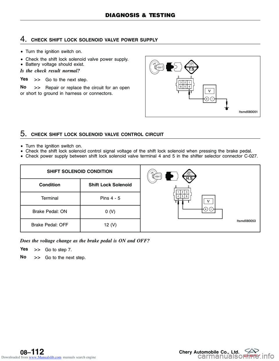 CHERY TIGGO 2009  Service Repair Manual Downloaded from www.Manualslib.com manuals search engine 4.CHECK SHIFT LOCK SOLENOID VALVE POWER SUPPLY
• Turn the ignition switch on.
• Check the shift lock solenoid valve power supply.
• Batte