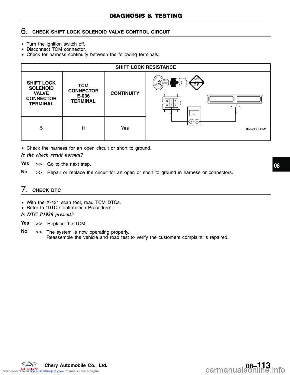 CHERY TIGGO 2009  Service Repair Manual Downloaded from www.Manualslib.com manuals search engine 6.CHECK SHIFT LOCK SOLENOID VALVE CONTROL CIRCUIT
• Turn the ignition switch off.
• Disconnect TCM connector.
• Check for harness continu