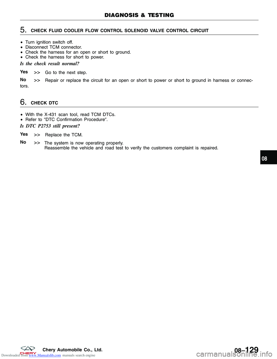 CHERY TIGGO 2009  Service Repair Manual Downloaded from www.Manualslib.com manuals search engine 5.CHECK FLUID COOLER FLOW CONTROL SOLENOID VALVE CONTROL CIRCUIT
• Turn ignition switch off.
• Disconnect TCM connector.
• Check the harn