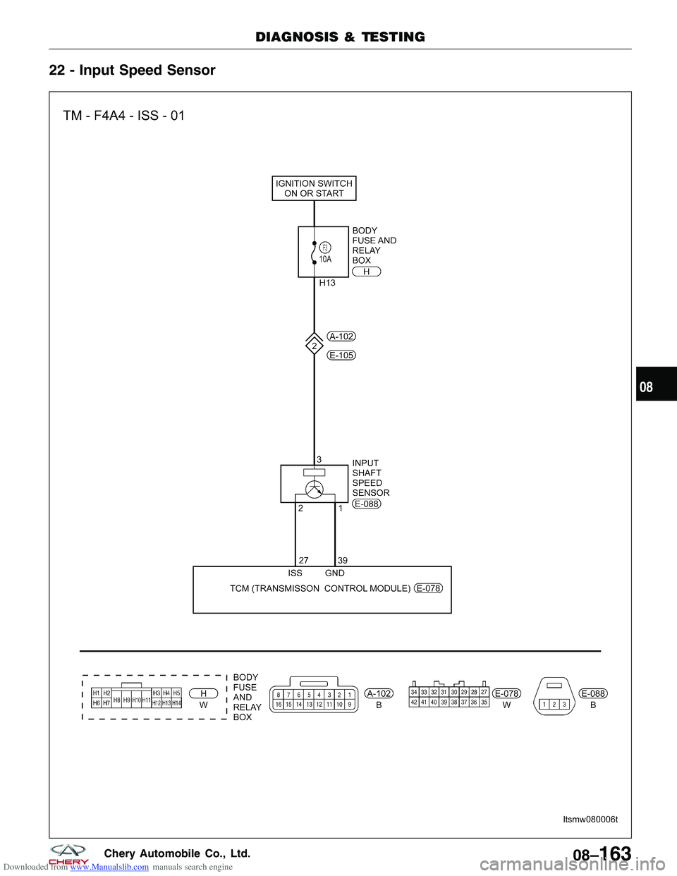CHERY TIGGO 2009  Service Repair Manual Downloaded from www.Manualslib.com manuals search engine 22 - Input Speed Sensor
DIAGNOSIS & TESTING
LTSMW080006T
08
08–163Chery Automobile Co., Ltd.  