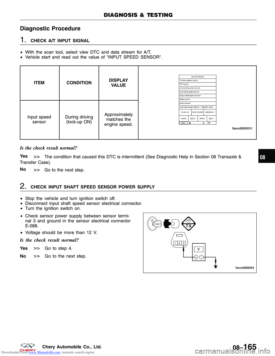 CHERY TIGGO 2009 Service Repair Manual Downloaded from www.Manualslib.com manuals search engine Diagnostic Procedure
1.CHECK A/T INPUT SIGNAL
• With the scan tool, select view DTC and data stream for A/T.
• Vehicle start and read out t CHERY TIGGO 2009 Service Repair Manual Downloaded from www.Manualslib.com manuals search engine Diagnostic Procedure
1.CHECK A/T INPUT SIGNAL
• With the scan tool, select view DTC and data stream for A/T.
• Vehicle start and read out t