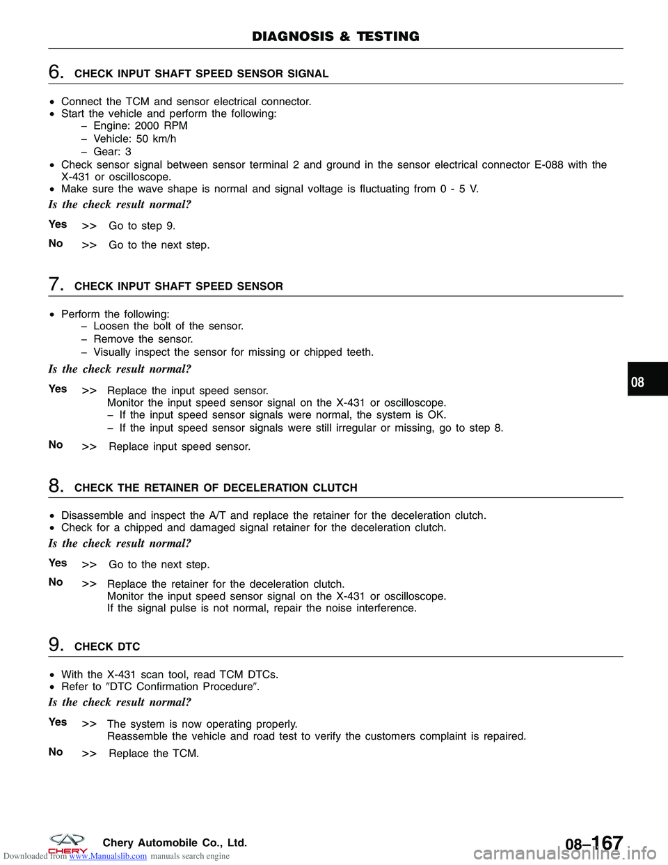CHERY TIGGO 2009  Service Repair Manual Downloaded from www.Manualslib.com manuals search engine 6.CHECK INPUT SHAFT SPEED SENSOR SIGNAL
• Connect the TCM and sensor electrical connector.
• Start the vehicle and perform the following:
�