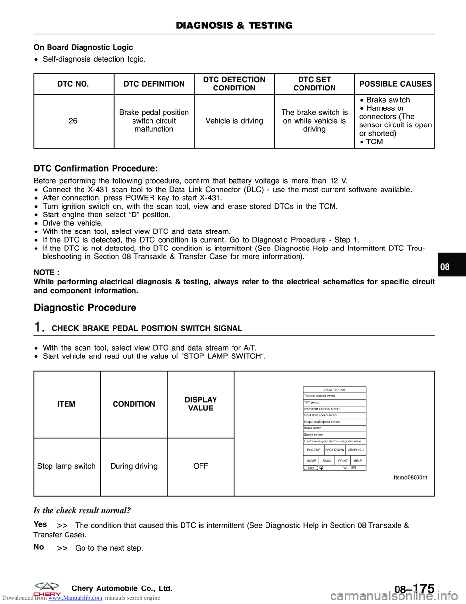 CHERY TIGGO 2009  Service Repair Manual Downloaded from www.Manualslib.com manuals search engine On Board Diagnostic Logic
•Self-diagnosis detection logic.
DTC NO. DTC DEFINITION DTC DETECTION
CONDITION DTC SET
CONDITION POSSIBLE CAUSES
2