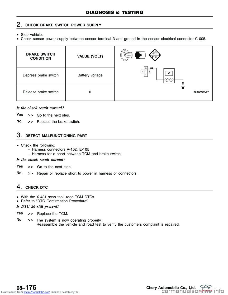CHERY TIGGO 2009  Service Repair Manual Downloaded from www.Manualslib.com manuals search engine 2.CHECK BRAKE SWITCH POWER SUPPLY
• Stop vehicle.
• Check sensor power supply between sensor terminal 3 and ground in the sensor electrical