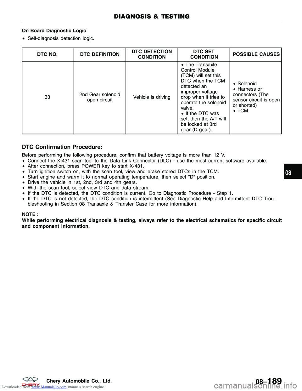 CHERY TIGGO 2009  Service Repair Manual Downloaded from www.Manualslib.com manuals search engine On Board Diagnostic Logic
•Self-diagnosis detection logic.
DTC NO. DTC DEFINITION DTC DETECTION
CONDITION          DTC
 SET
       CONDITION 
