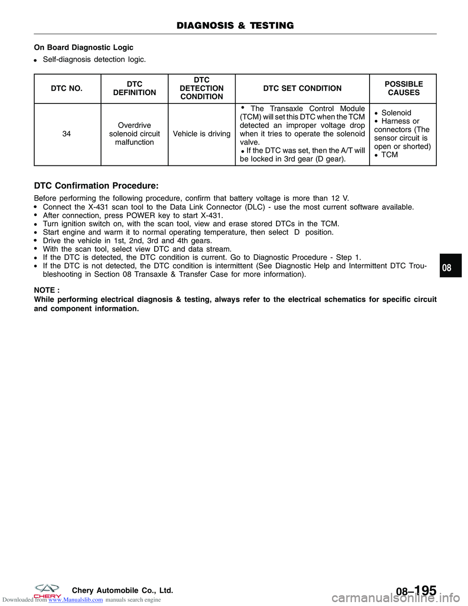 CHERY TIGGO 2009  Service Repair Manual Downloaded from www.Manualslib.com manuals search engine OnBoardDiagnosticLogic
 Self-diagnosisdetectionlogic.
DTCNO.DTC
DEFINITION
DTC
DETECTION
CONDITION
DTCSETCONDITIONPOSSIBLE
CAUSES
34
Overdrive
