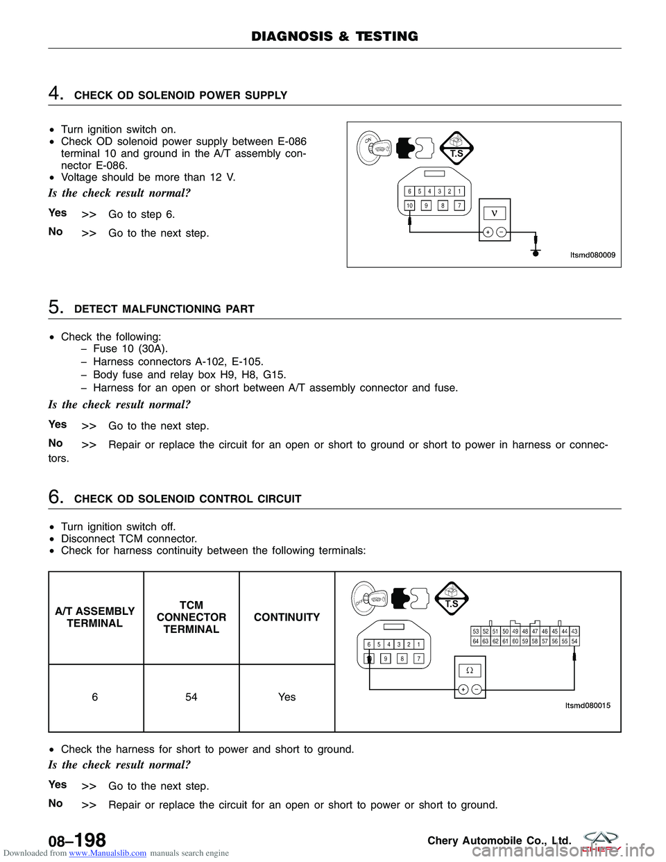 CHERY TIGGO 2009 Service Repair Manual Downloaded from www.Manualslib.com manuals search engine 4.CHECK OD SOLENOID POWER SUPPLY
• Turn ignition switch on.
• Check OD solenoid power supply between E-086
terminal 10 and ground in the A/ CHERY TIGGO 2009 Service Repair Manual Downloaded from www.Manualslib.com manuals search engine 4.CHECK OD SOLENOID POWER SUPPLY
• Turn ignition switch on.
• Check OD solenoid power supply between E-086
terminal 10 and ground in the A/