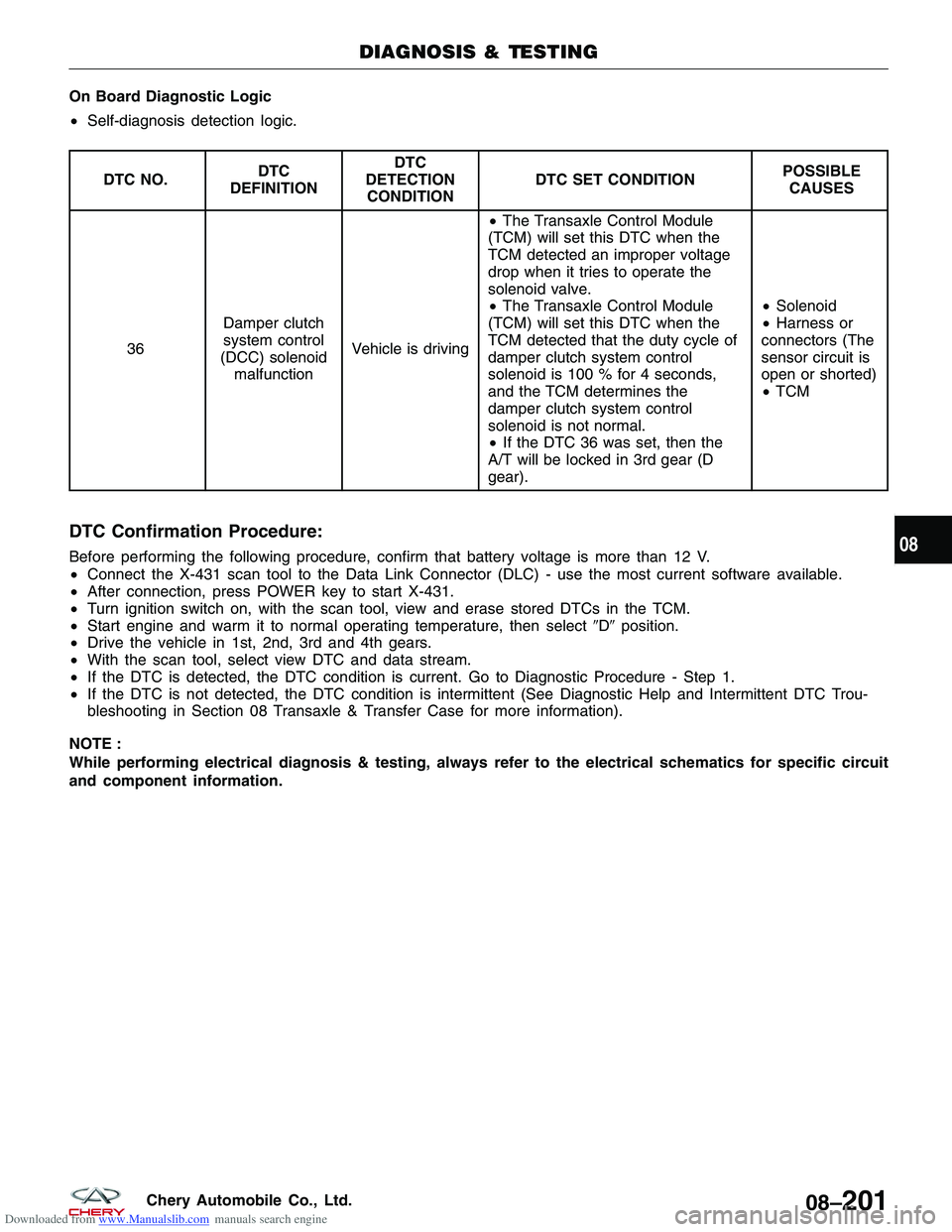 CHERY TIGGO 2009  Service Repair Manual Downloaded from www.Manualslib.com manuals search engine On Board Diagnostic Logic
•Self-diagnosis detection logic.
DTC NO. DTC
DEFINITION DTC
DETECTION CONDITION DTC SET CONDITION
POSSIBLE
CAUSES
3