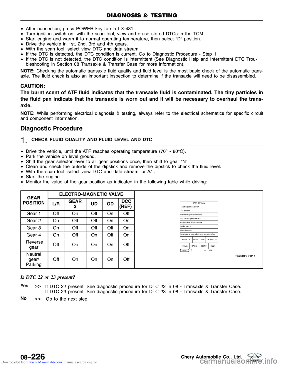 CHERY TIGGO 2009  Service Repair Manual Downloaded from www.Manualslib.com manuals search engine •After connection, press POWER key to start X-431.
• Turn ignition switch on, with the scan tool, view and erase stored DTCs in the TCM.
