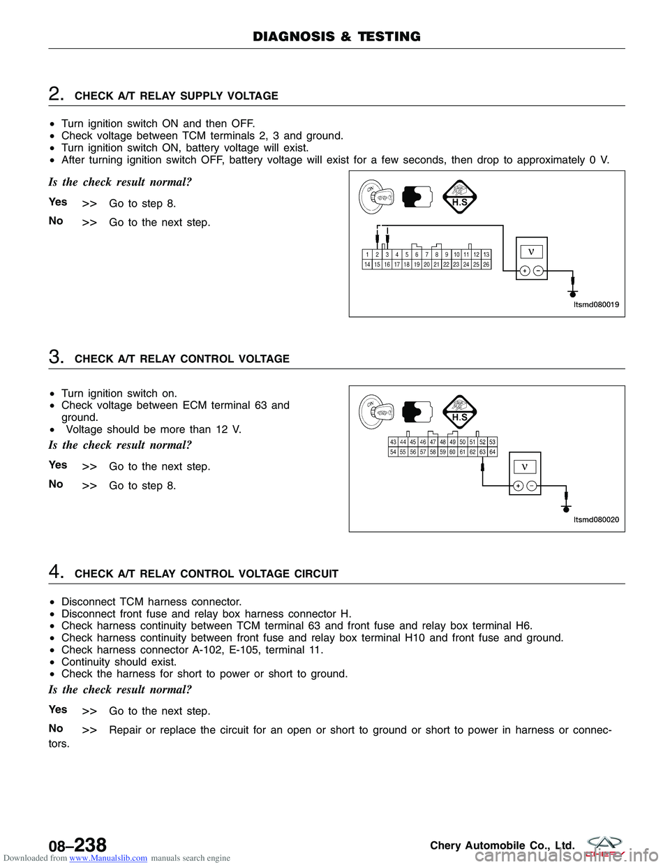 CHERY TIGGO 2009 Service Repair Manual Downloaded from www.Manualslib.com manuals search engine 2.CHECK A/T RELAY SUPPLY VOLTAGE
• Turn ignition switch ON and then OFF.
• Check voltage between TCM terminals 2, 3 and ground.
• Turn ig CHERY TIGGO 2009 Service Repair Manual Downloaded from www.Manualslib.com manuals search engine 2.CHECK A/T RELAY SUPPLY VOLTAGE
• Turn ignition switch ON and then OFF.
• Check voltage between TCM terminals 2, 3 and ground.
• Turn ig