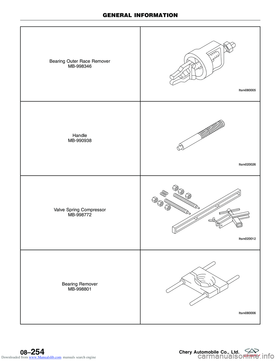 CHERY TIGGO 2009  Service Repair Manual Downloaded from www.Manualslib.com manuals search engine Bearing Outer Race RemoverMB-998346
Handle
MB-990938
Valve Spring Compressor MB-998772
Bearing RemoverMB-998801
GENERAL INFORMATION
08–254Che