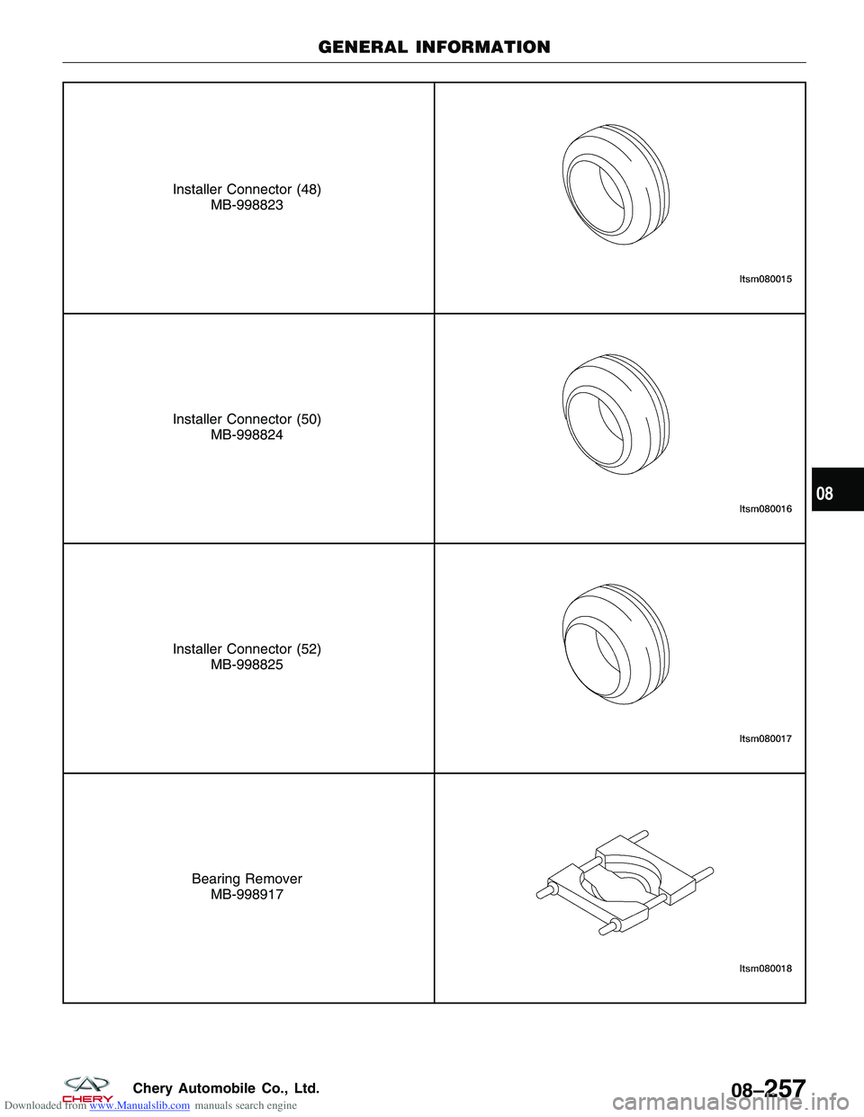 CHERY TIGGO 2009  Service Repair Manual Downloaded from www.Manualslib.com manuals search engine Installer Connector (48)MB-998823
Installer Connector (50)MB-998824
Installer Connector (52)MB-998825
Bearing RemoverMB-998917
GENERAL INFORMAT