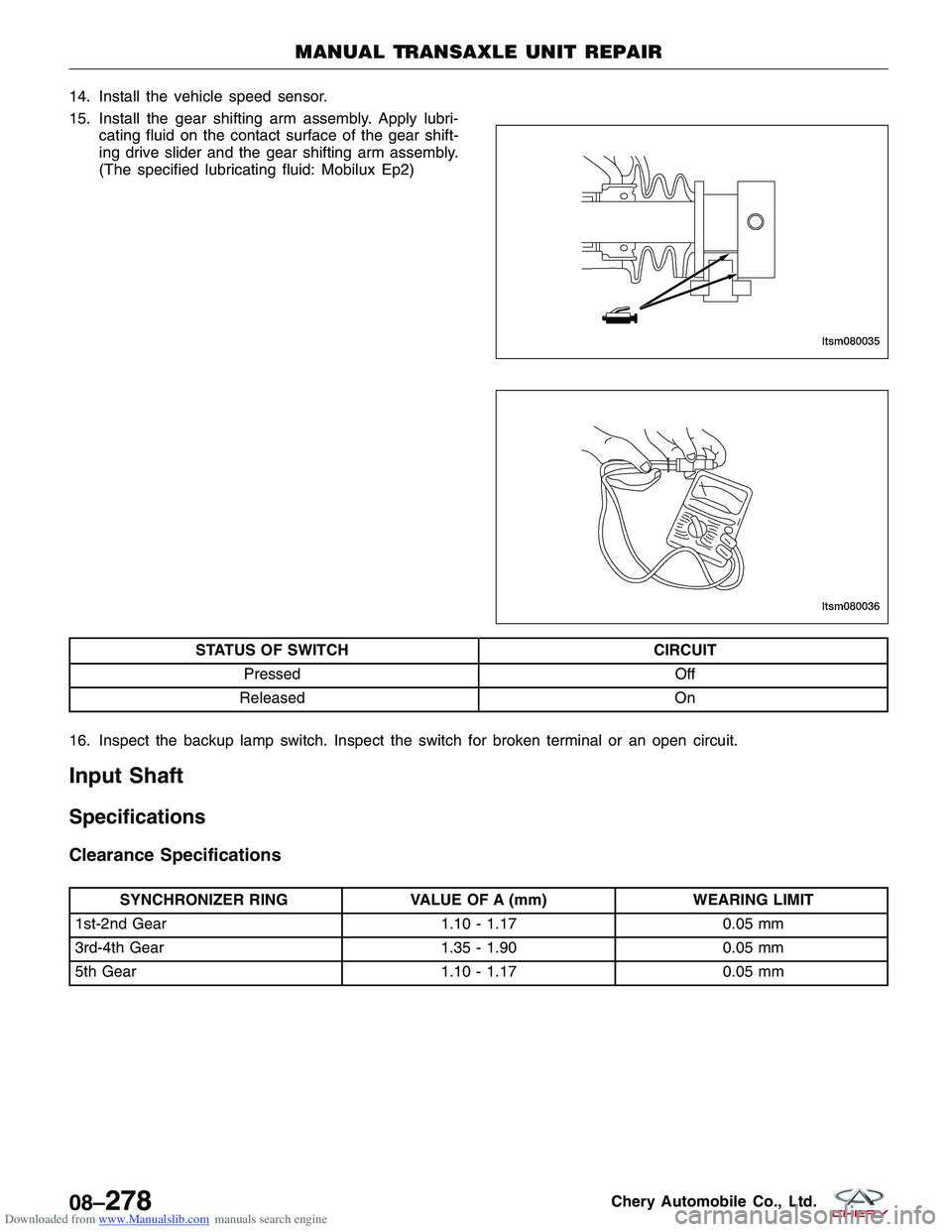 CHERY TIGGO 2009  Service Repair Manual Downloaded from www.Manualslib.com manuals search engine 14. Install the vehicle speed sensor.
15. Install the gear shifting arm assembly. Apply lubri-cating fluid on the contact surface of the gear s